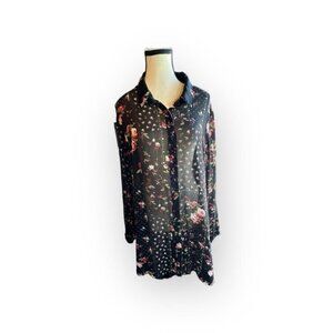 Women’s Reitmans 2x Black Floral Semi Sheer Button Down Long Sleeve Tunic